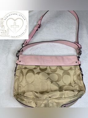 Coach Beige Signature Canvas Shoulder Bag with Pink Leather Trim